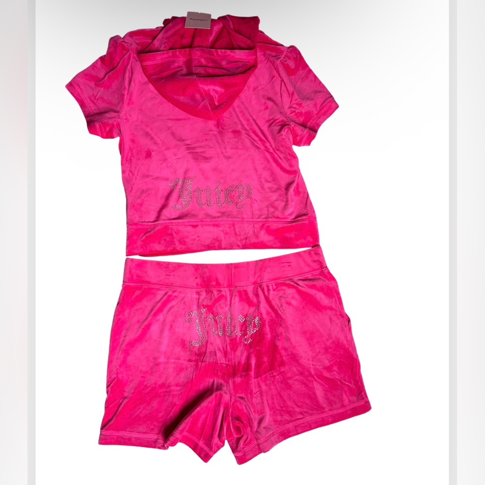 Juicy Couture Hot Pink Velour Shorts Set with Rhinestone Logo - Picture 2 of 16